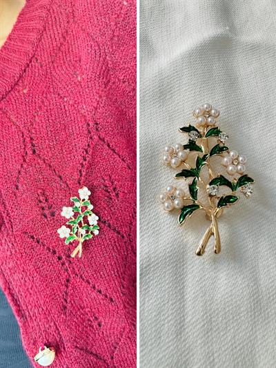 Retrobird Design Gold Color Pearl Tree Brooch Lapel Pin