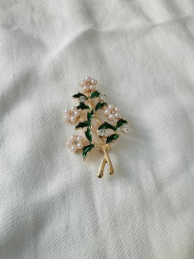 Retrobird Design Gold Color Pearl Tree Brooch Lapel Pin
