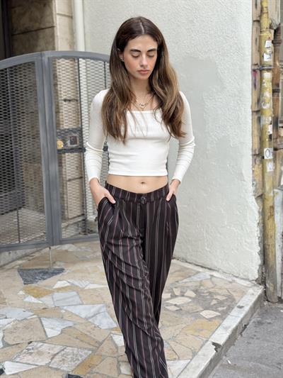 Retrobird Tasarım Koyu Kahve Athena Vintage Stripe Relax Pantolon