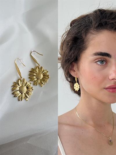 Retrobird Design Yellow Sunflower Brass Retro Model Earrings