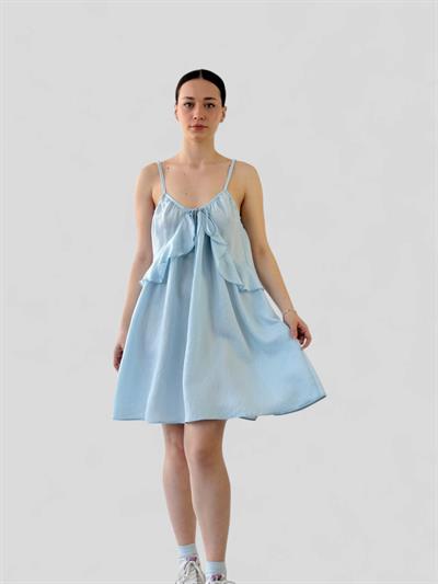 Retrobird Design Lace-Up Strap Light Blue Loose Cut Dress