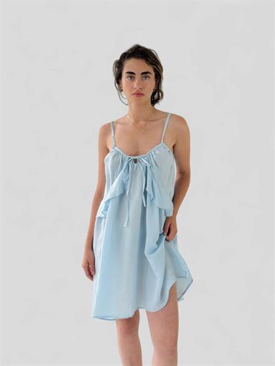 Retrobird Design Lace-Up Strap Light Blue Loose Cut Dress