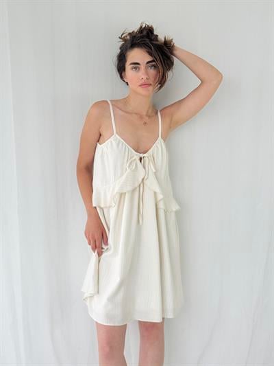 Retrobird Design Lace-Up Strappy Beige Loose Cut Dress
