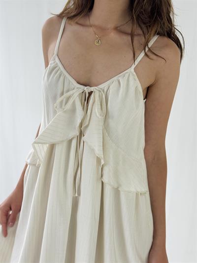 Retrobird Design Lace-Up Strappy Beige Loose Cut Dress