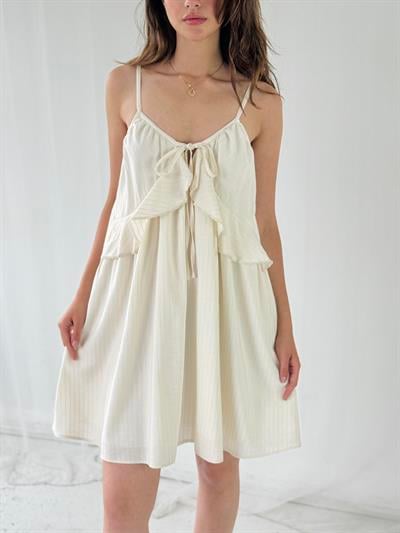 Retrobird Design Lace-Up Strappy Beige Loose Cut Dress