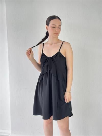 Retrobird Design Lace-Up Strappy Black Loose Cut Dress