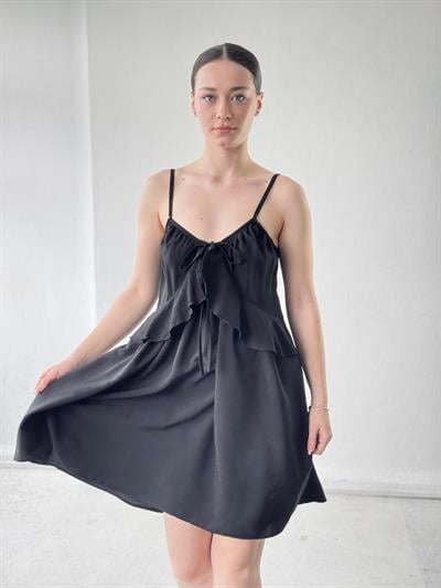 Retrobird Design Lace-Up Strappy Black Loose Cut Dress