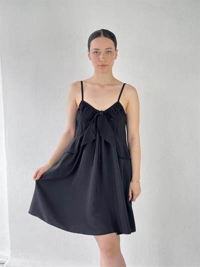 Retrobird Design Lace-Up Strappy Black Loose Cut Dress