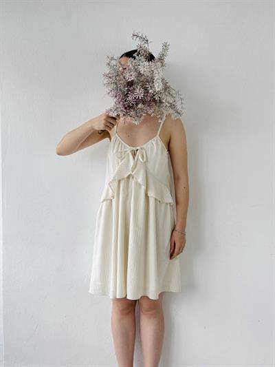 Retrobird Design Lace-Up Strappy Beige Loose Cut Dress