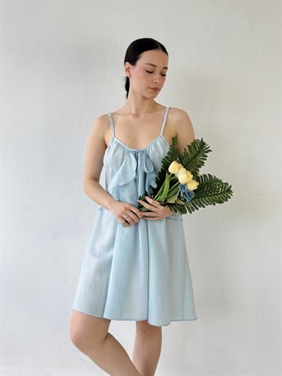 Retrobird Design Lace-Up Strap Light Blue Loose Cut Dress