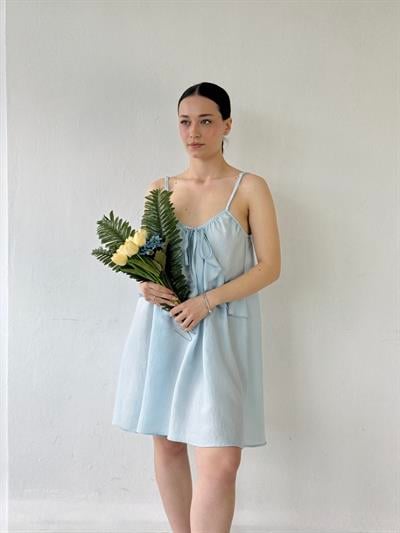 Retrobird Design Lace-Up Strap Light Blue Loose Cut Dress