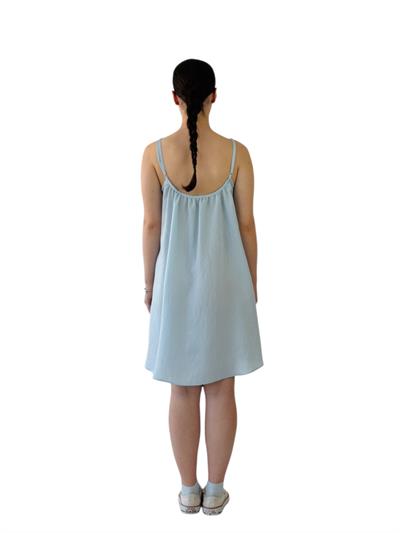 Retrobird Design Lace-Up Strap Light Blue Loose Cut Dress