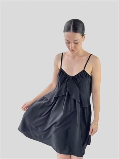 Retrobird Design Lace-Up Strappy Black Loose Cut Dress