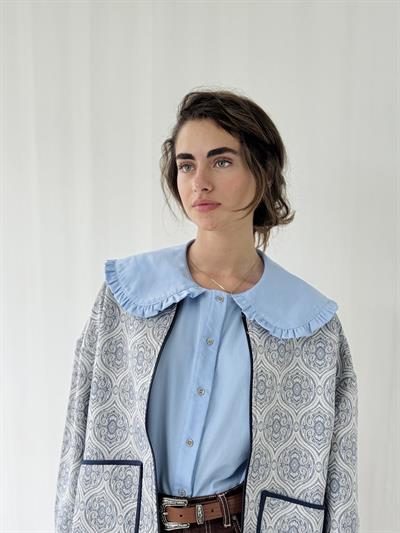 Retrobird Design Baby Collar Light Watermelon Sleeve Blue Shirt