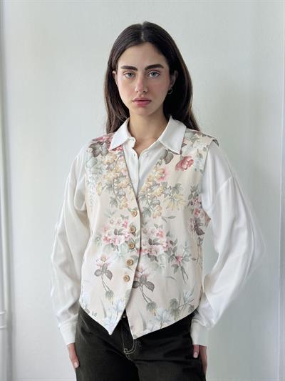 Retrobird Design Five-Button V-Neck Classic Cream Vest