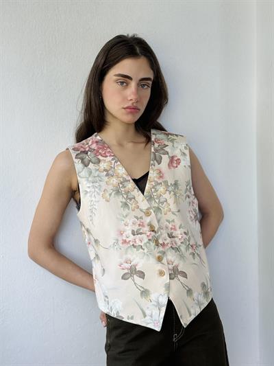 Retrobird Design Five-Button V-Neck Classic Cream Vest