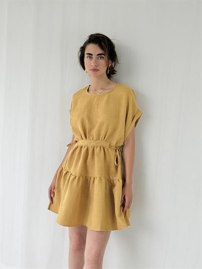 Retrobird Design Bloom Mustard Mini Linen Dress