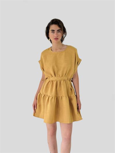Retrobird Design Bloom Mustard Mini Linen Dress