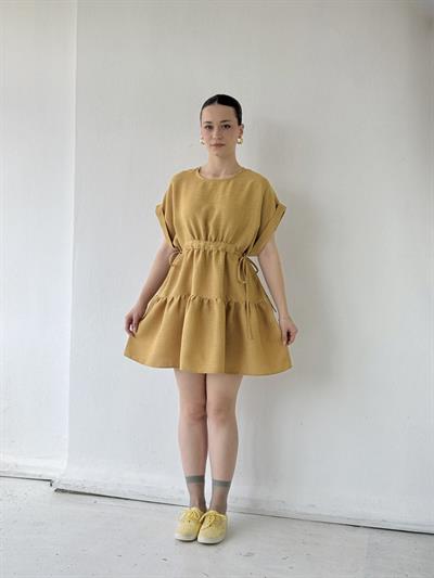 Retrobird Design Bloom Mustard Mini Linen Dress