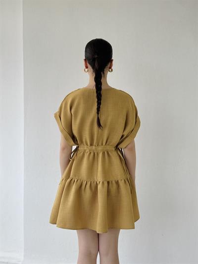 Retrobird Design Bloom Mustard Mini Linen Dress