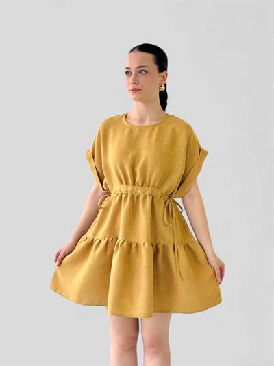 Retrobird Design Bloom Mustard Mini Linen Dress