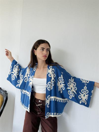 Retrobird Design Bohemian Patterned Dark Blue Mini Kimono