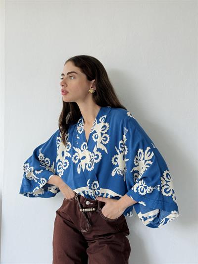 Retrobird Design Bohemian Patterned Dark Blue Mini Kimono