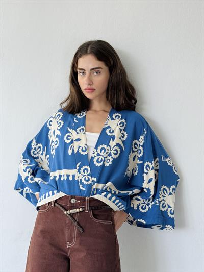 Retrobird Design Bohemian Patterned Dark Blue Mini Kimono