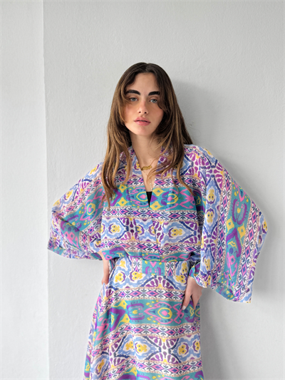 Retrobird Tasarım Boho Desen Eflatun Mini Kimono