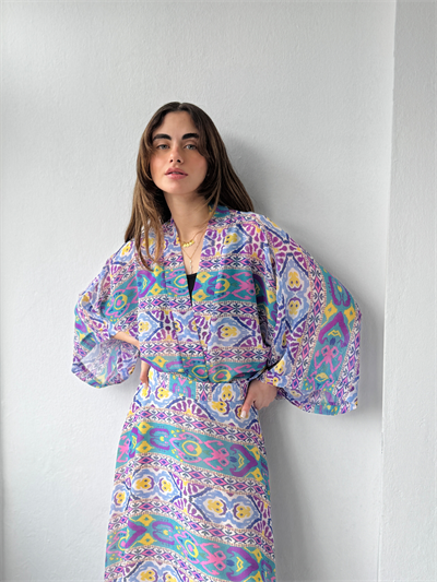 Retrobird Tasarım Boho Desen Eflatun Mini Kimono