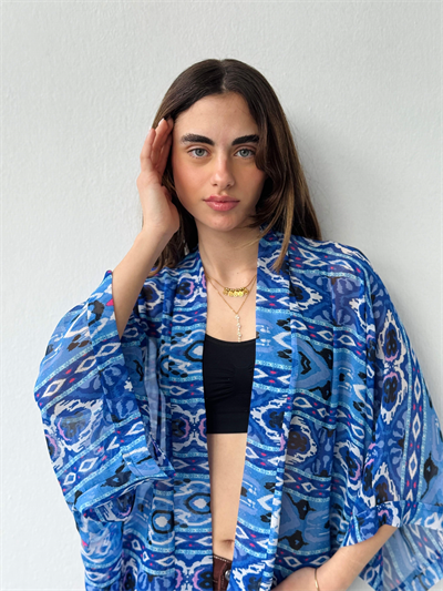 Retrobird Tasarım Boho Desen Mavi Mini Kimono