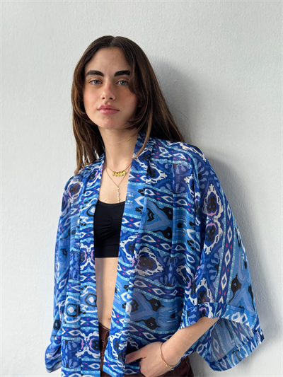 Retrobird Tasarım Boho Desen Mavi Mini Kimono