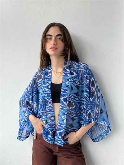 Retrobird Tasarım Boho Desen Mavi Mini Kimono