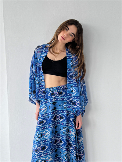 Retrobird Tasarım Boho Desen Mavi Mini Kimono