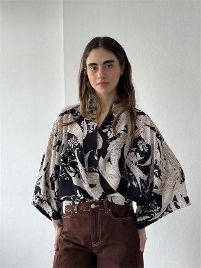 Retrobird Tasarım Boho Desen Siyah Mini Kimono