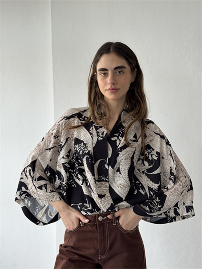 Retrobird Tasarım Boho Desen Siyah Mini Kimono