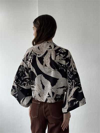 Retrobird Tasarım Boho Desen Siyah Mini Kimono