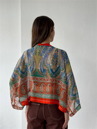 Retrobird Tasarım Boho Desen Turuncu Mini Kimono