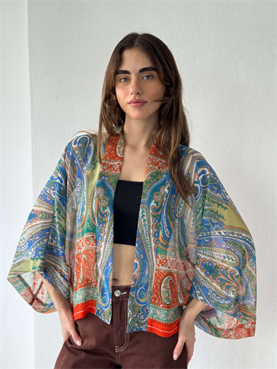 Retrobird Tasarım Boho Desen Turuncu Mini Kimono