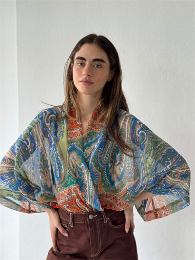 Retrobird Tasarım Boho Desen Turuncu Mini Kimono