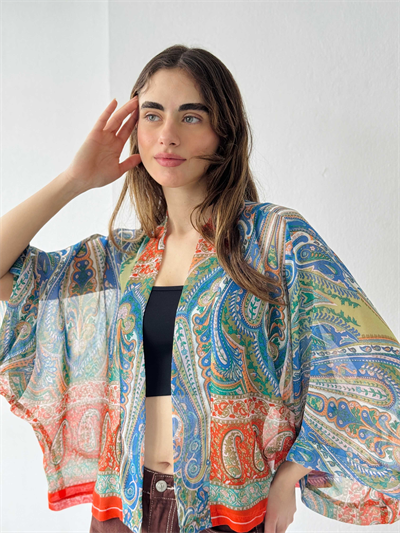 Retrobird Tasarım Boho Desen Turuncu Mini Kimono