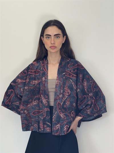 Retrobird Tasarım Mürdüm Boho Mini Kimono