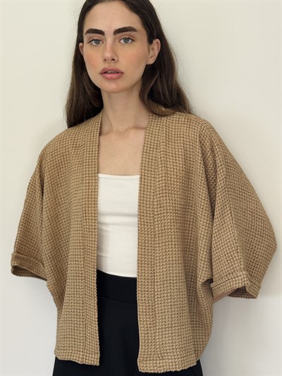 Retrobird Tasarım Kahverengi Boho Mini Kimono