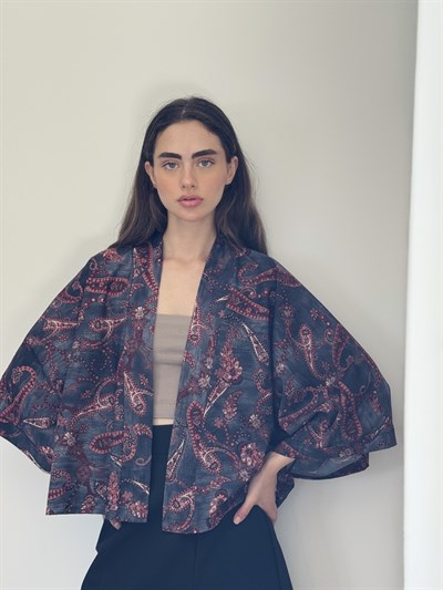 Retrobird Tasarım Mürdüm Boho Mini Kimono