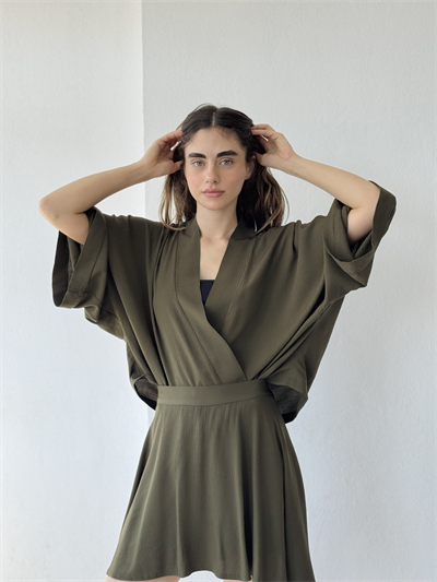 Retrobird Haki Tasarım Boho Mini Kimono