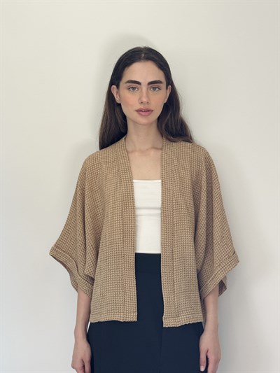 Retrobird Tasarım Kahverengi Boho Mini Kimono