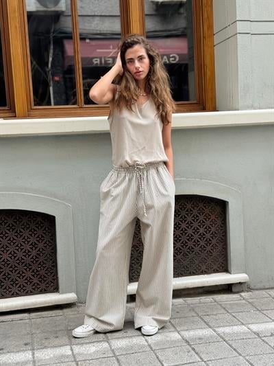 Retrobird Tasarım Bol Kesim Haki Çizgili Relax Pantolon