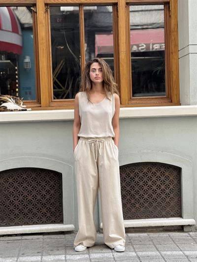 Retrobird Tasarım Bol Kesim Camel Çizgili Relax Pantolon