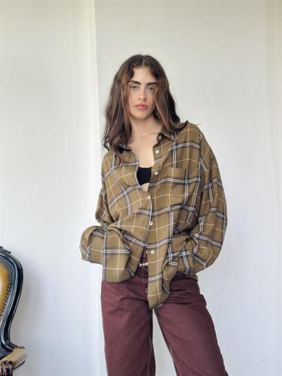 Retrobird Design Boyfriend Striped Khaki Shirt