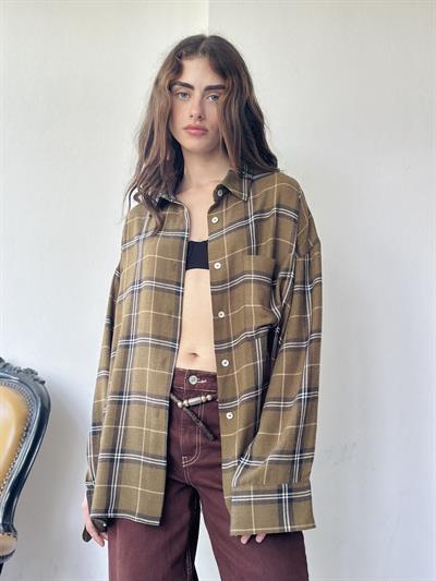 Retrobird Design Boyfriend Striped Khaki Shirt